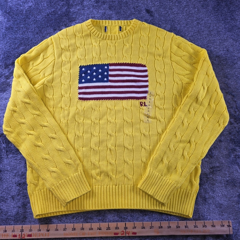Polo Ralph Lauren Cable Knit Iconic USA Flag Sweater Mens L Yellow Patriotic